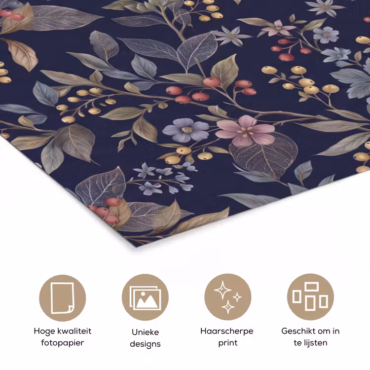 Bloemen - Bladeren - Patroon - Botanisch - Donkerblauw poster papier klein -closeup_NL