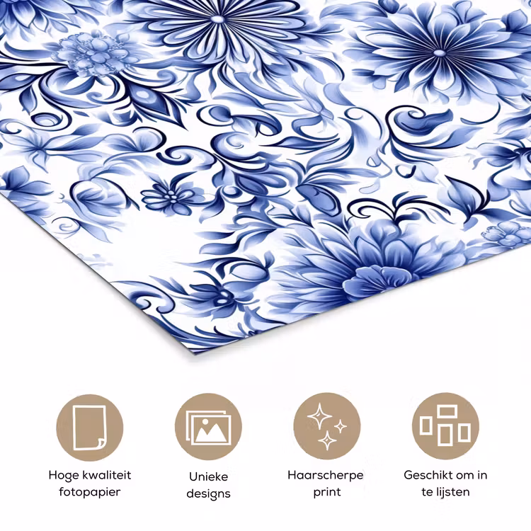 Bloemen - Blauw - Patroon - Wit poster papier klein 62 -closeup_NL