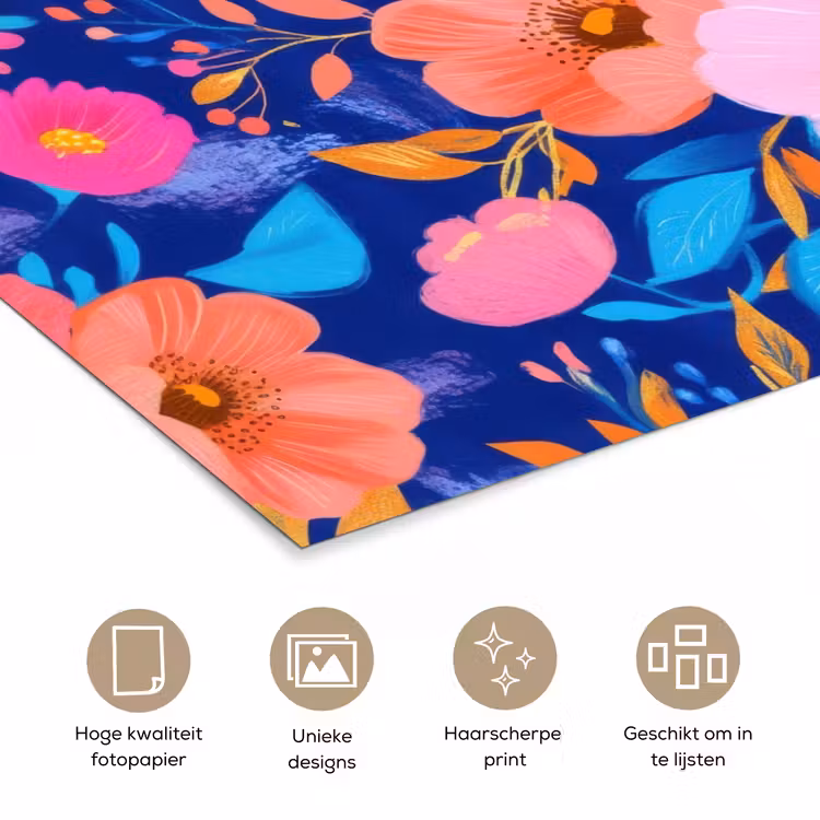 Bloemen - Blauw - Roze poster papier klein -closeup_NL
