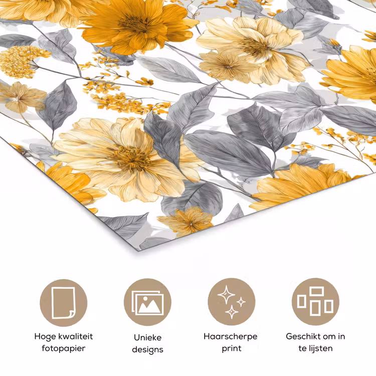 Bloemen - Botanisch - Elegant - Okergeel - Grijs poster papier klein 62 -closeup_NL