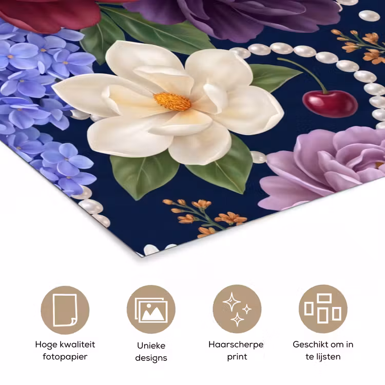Bloemen - Parels - Decoratie - Modern - Blauw poster papier klein -closeup_NL