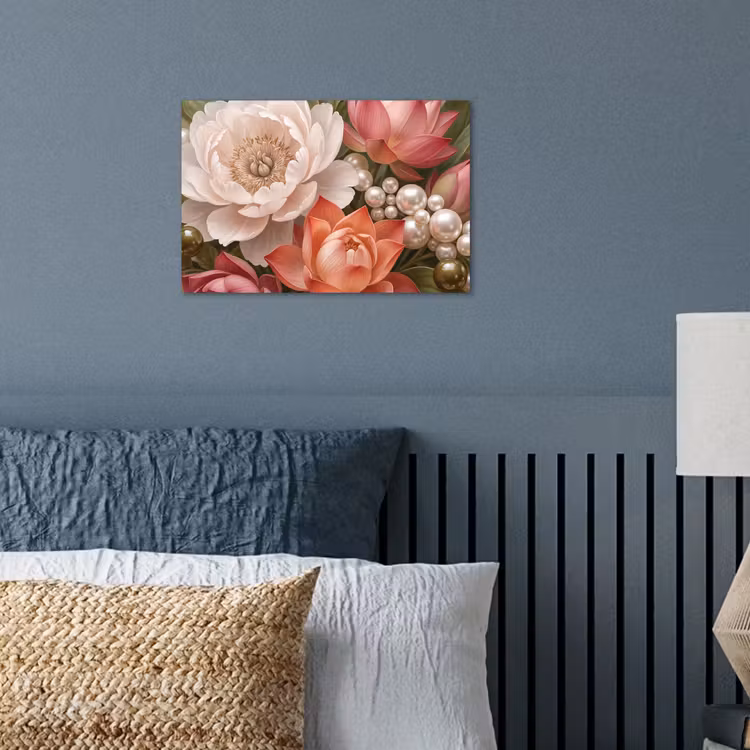 Bloemen - Parels - Elegant - Roze - Wit poster papier klein -sfeer2