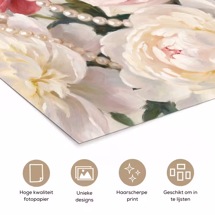 Bloemen - Parels - Romantiek - Klassiek - Roze poster papier klein -closeup_NL
