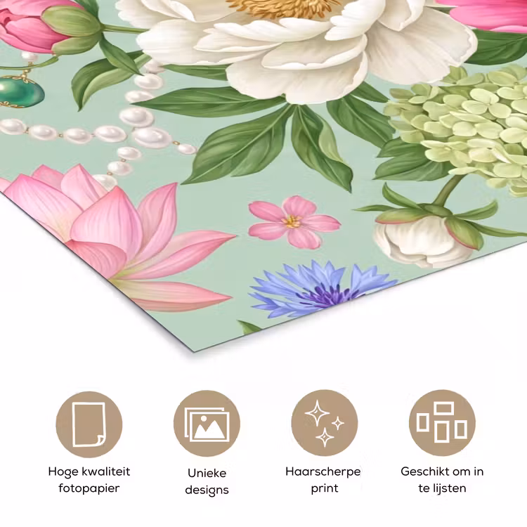 Bloemen - Patroon - Botanisch - Groen poster papier klein -closeup_NL