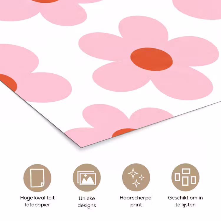 Bloemen - Patroon - Modern - Roze - Wit poster papier klein -closeup_NL