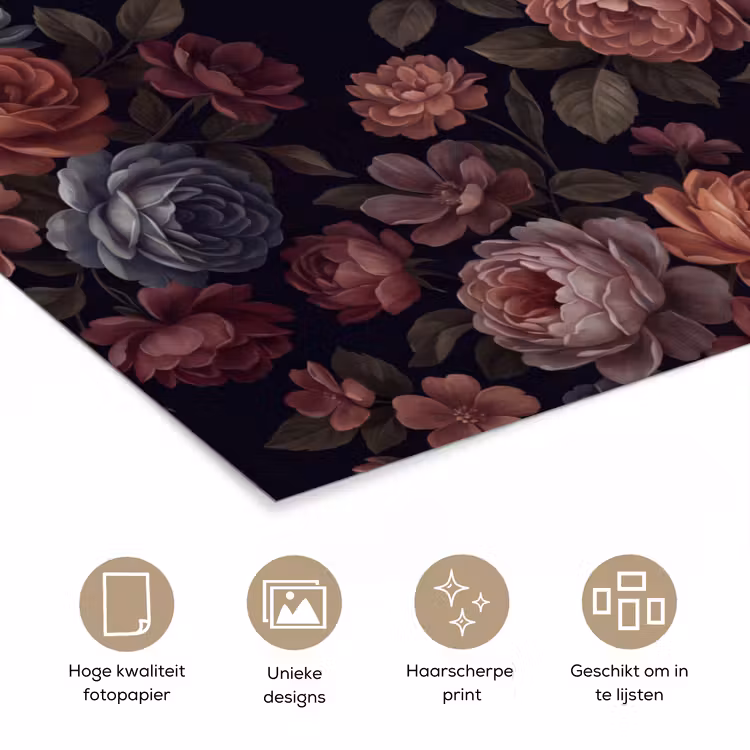 Bloemen - Patroon - Vintage - Donker - Roze poster papier klein -closeup_NL
