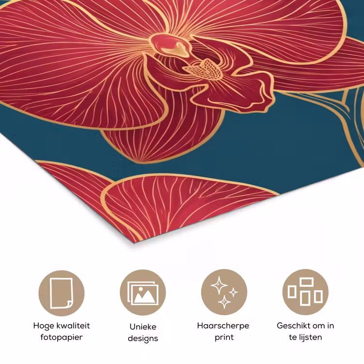 Poster - Bloemen - Rood - Goud - Bloemen - Rood - Goud poster papier klein