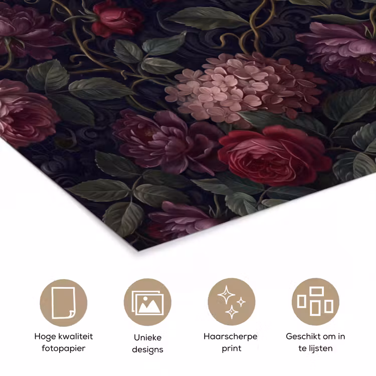 Bloemen - Rood - Klassiek - Donker - Patroon poster papier klein -closeup_NL
