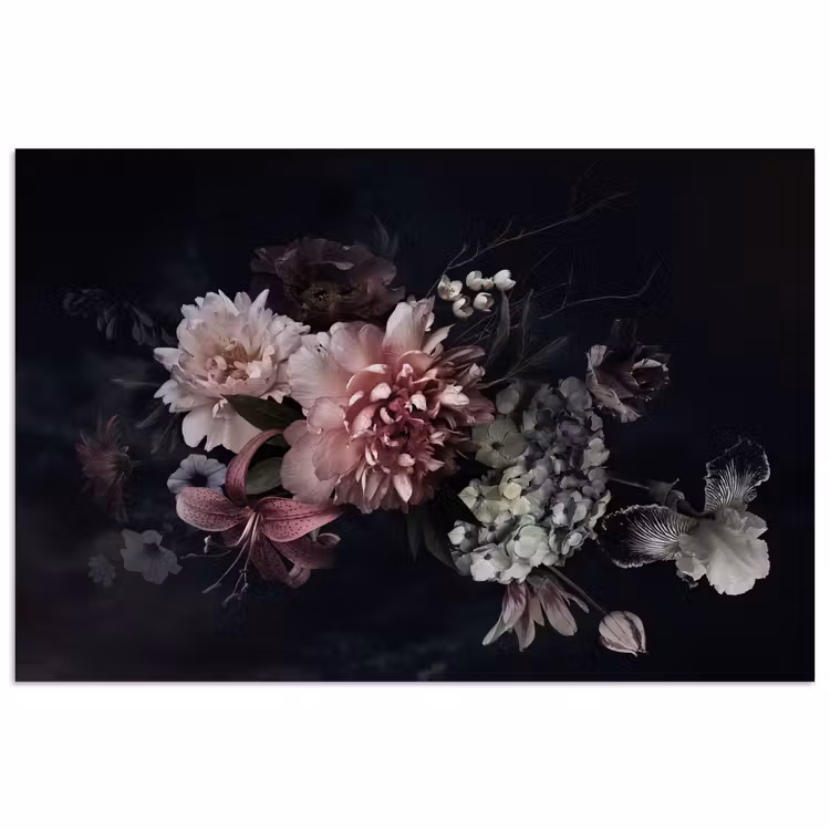 Bloemen - Vintage - Pastel - Zwart - Boeket poster papier klein -3d