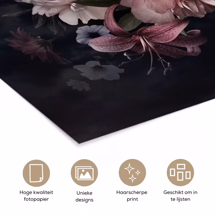 Bloemen - Vintage - Pastel - Zwart - Boeket poster papier klein -closeup_NL