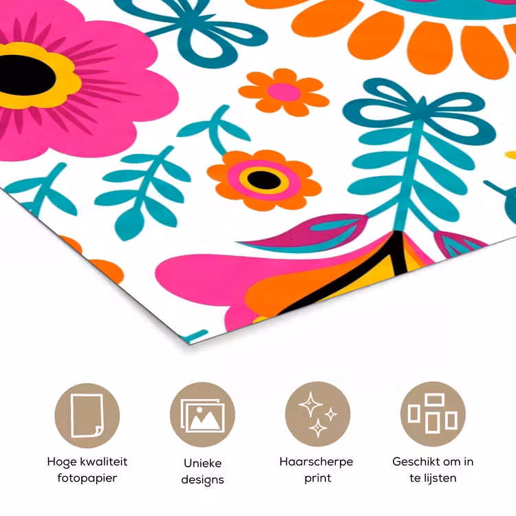 Bloemen - Vogel - Patroon - Kleurrijk - Modern poster papier klein -closeup_NL