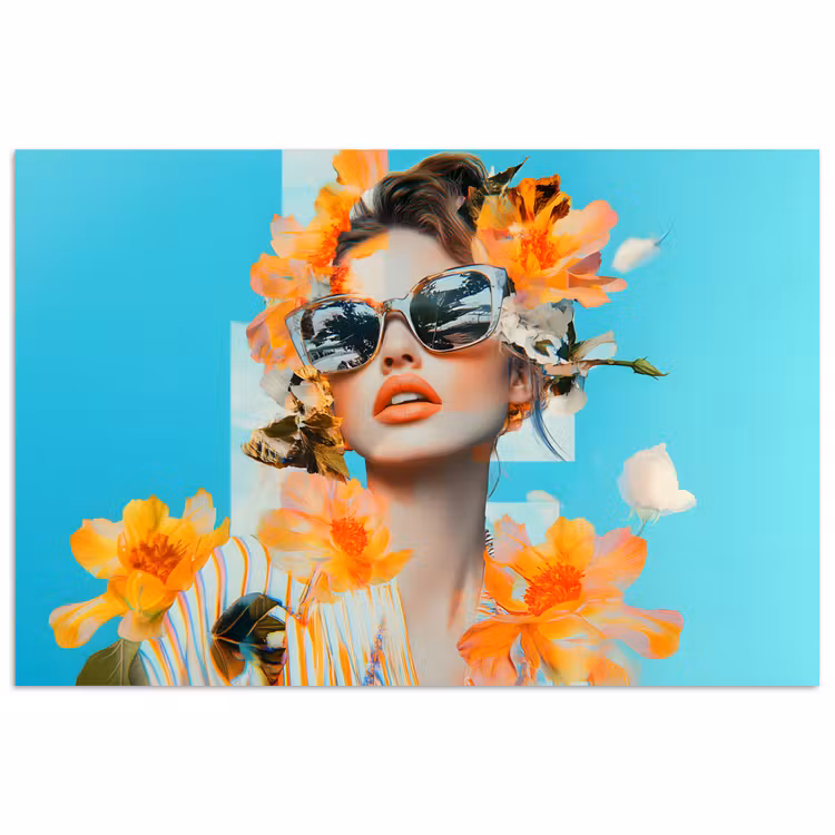 Bloemen - Vrouw - Zonnebril - Blauw poster papier klein -3d