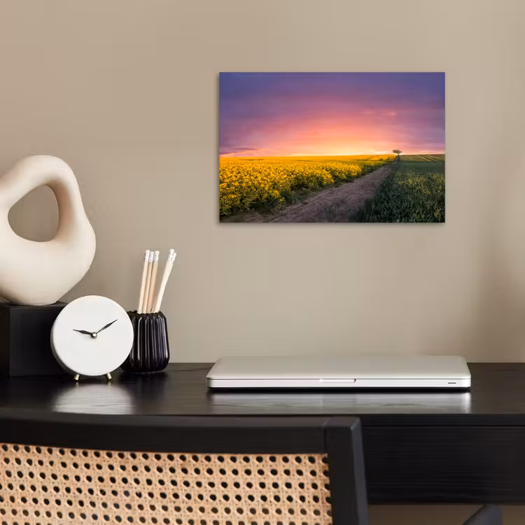 Bloemen - Weg - Lucht - Geel - Paars - Zonsondergang - Natuur poster papier klein -sfeer1