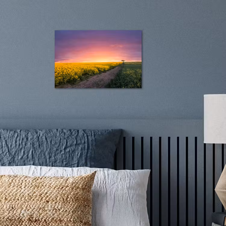 Bloemen - Weg - Lucht - Geel - Paars - Zonsondergang - Natuur poster papier klein -sfeer2