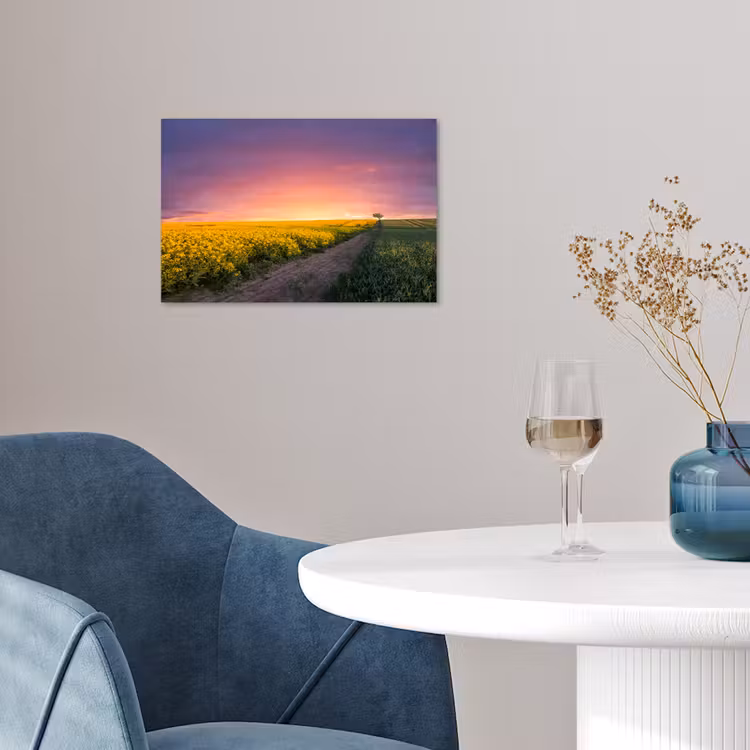 Bloemen - Weg - Lucht - Geel - Paars - Zonsondergang - Natuur poster papier klein -sfeer3