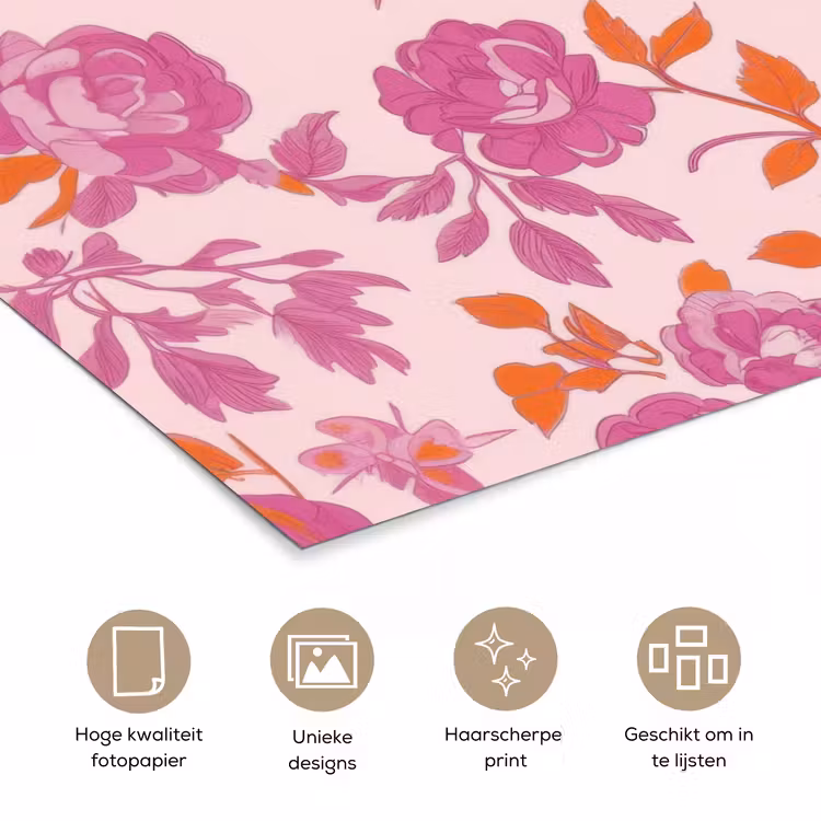 Bloemenpatroon - Roze - Oranje - Bloemen poster papier klein -closeup_NL