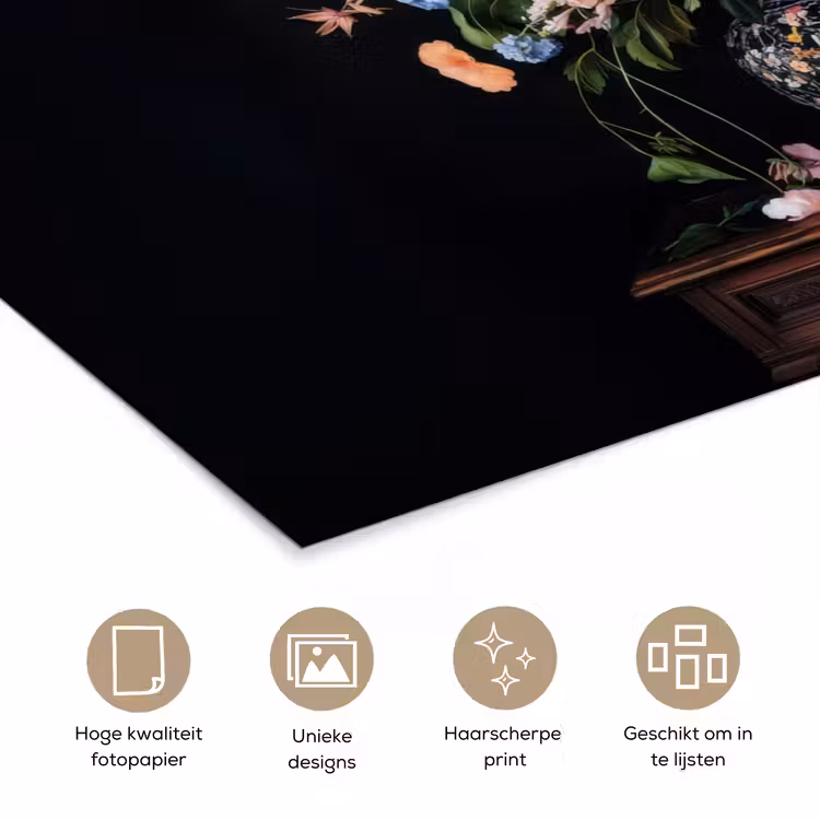 Bloemenvaas - Hout - Bloemen - Boeket poster papier klein -closeup_NL