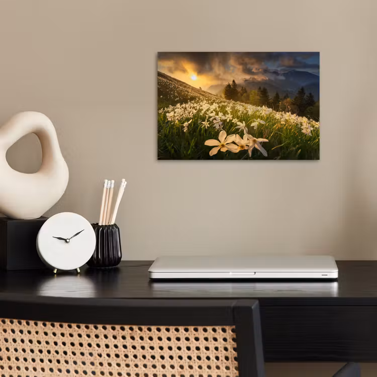 Bloemenveld - Heuvels - Zonsondergang - Berg - Natuur - Wit - Heuvels poster papier klein -sfeer1