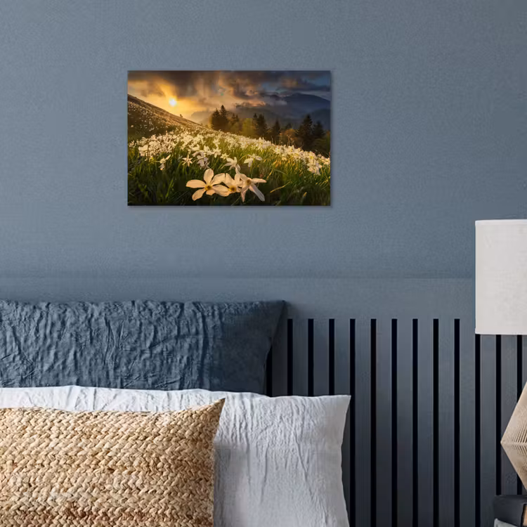 Bloemenveld - Heuvels - Zonsondergang - Berg - Natuur - Wit - Heuvels poster papier klein -sfeer2