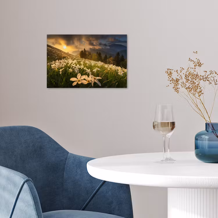 Bloemenveld - Heuvels - Zonsondergang - Berg - Natuur - Wit - Heuvels poster papier klein -sfeer3