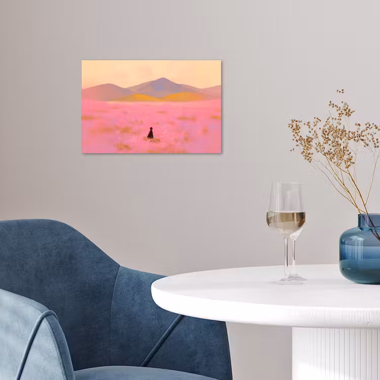 Bloemenweide - Heuvels - Silhouet - Roze poster papier klein -sfeer3