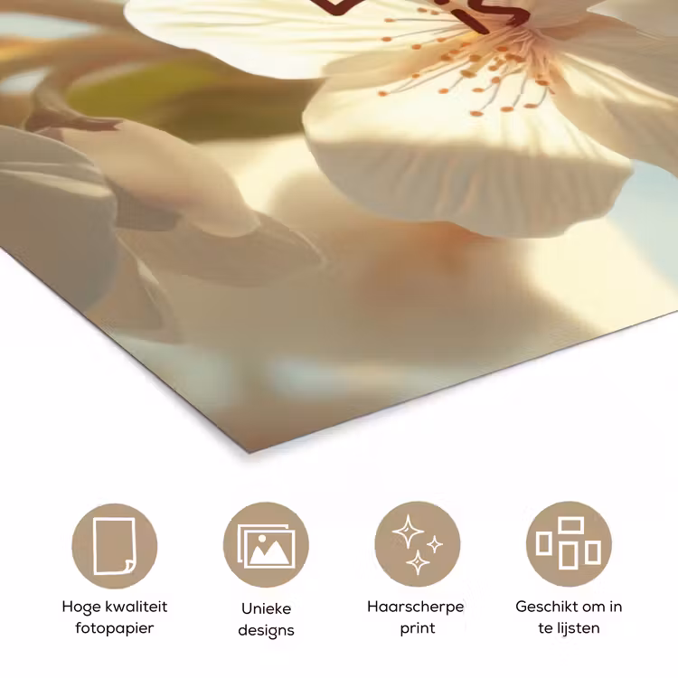 Bloesems - Zonlicht - Quote - Wit poster papier klein -closeup_NL