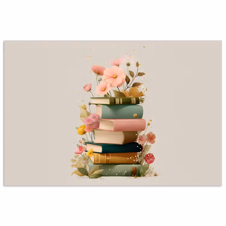 Boeken - Stapel - Bloemen - Kleurrijk poster papier klein -3d