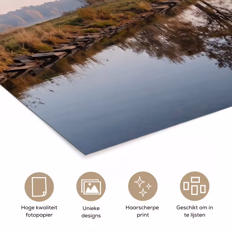 Bomen - Reflectie - Water - Zonsopgang - Serene poster papier klein -closeup_NL