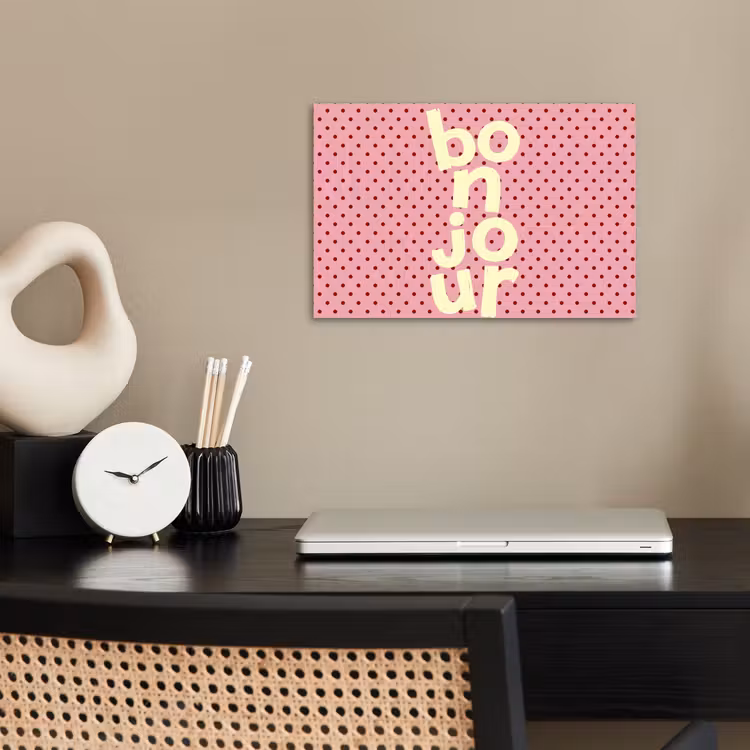 Bonjour - Stippen - Roze- Geel poster papier klein -sfeer1