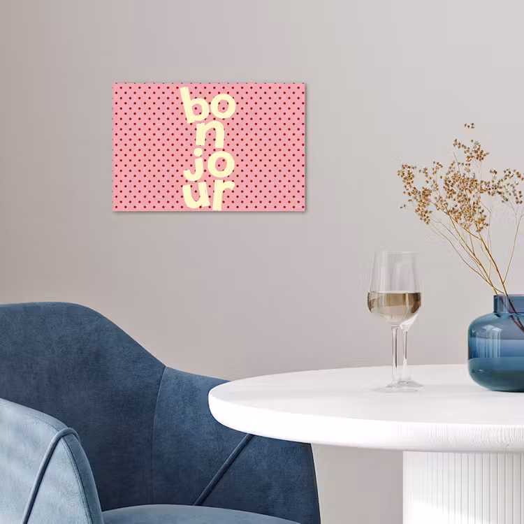 Bonjour - Stippen - Roze- Geel poster papier klein -sfeer3