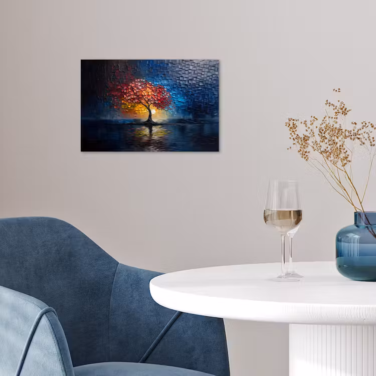 Boom - Blauw - Bladeren - Vakken poster papier klein -sfeer3