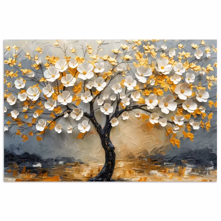 Boom - Bloemen - Goud - Beige poster papier klein -3d