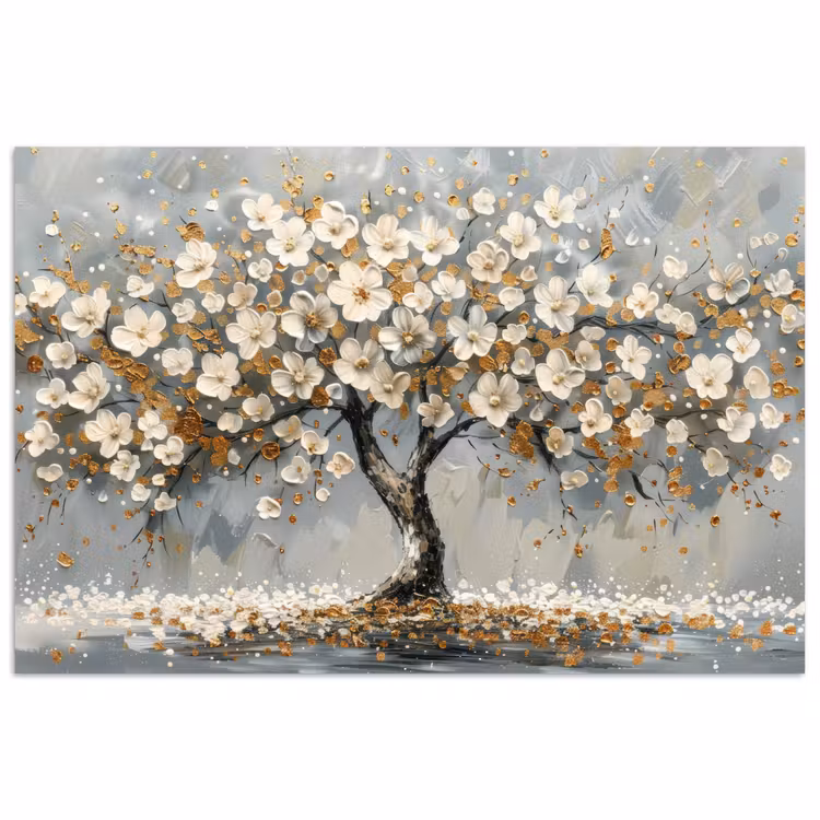 Boom - Bloemen - Wit - Natuur - Kunst poster papier klein -3d