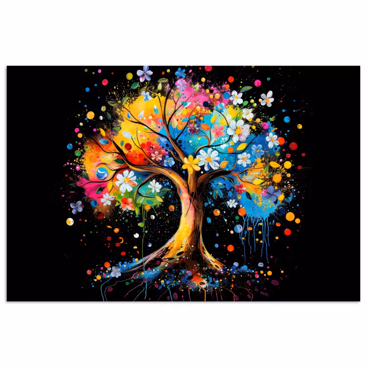 Boom - Kleurrijk - Bloemen - Zwart poster papier klein -3d