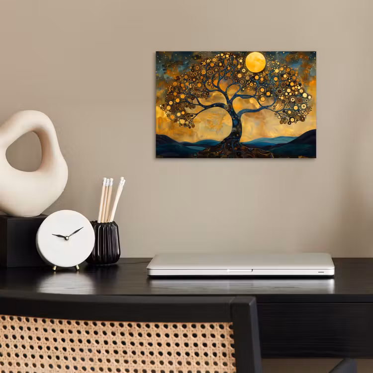 Boom - Maan - Bloemen - Goud - Kunst poster papier klein -sfeer1