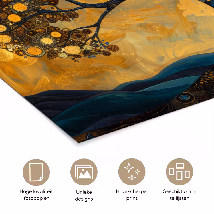 Boom - Maan - Bloemen - Goud - Kunst poster papier klein -closeup_NL