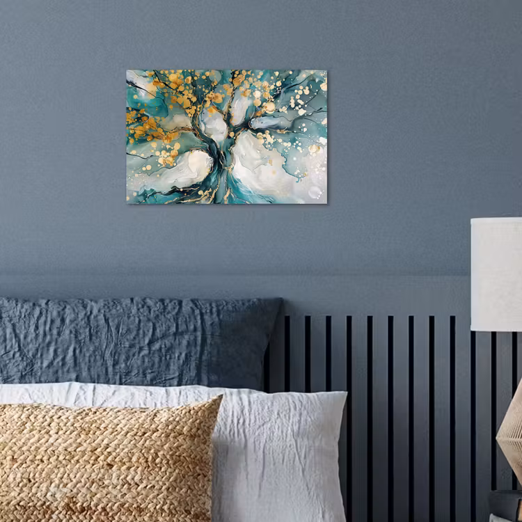 Boom - Modern - Verflook - Turquoise - Goud poster papier klein -sfeer2