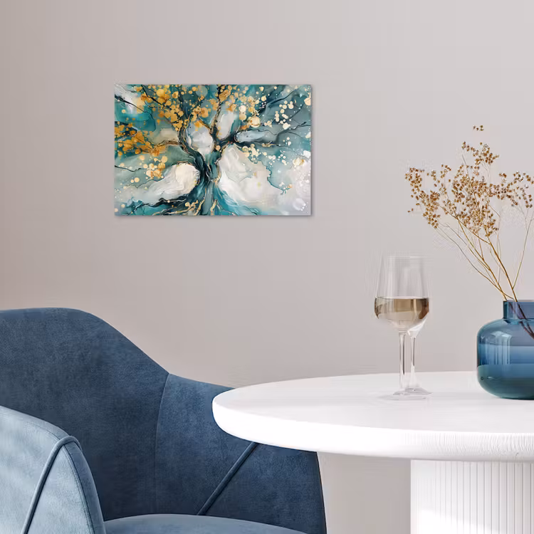 Boom - Modern - Verflook - Turquoise - Goud poster papier klein -sfeer3