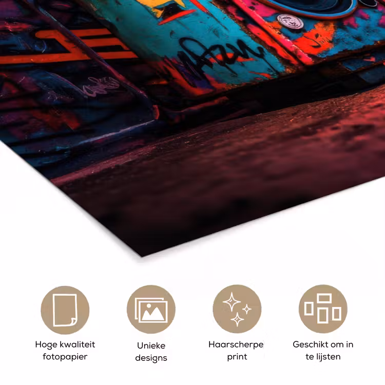 Boombox - Rood - Graffiti - Neon poster papier klein -closeup_NL