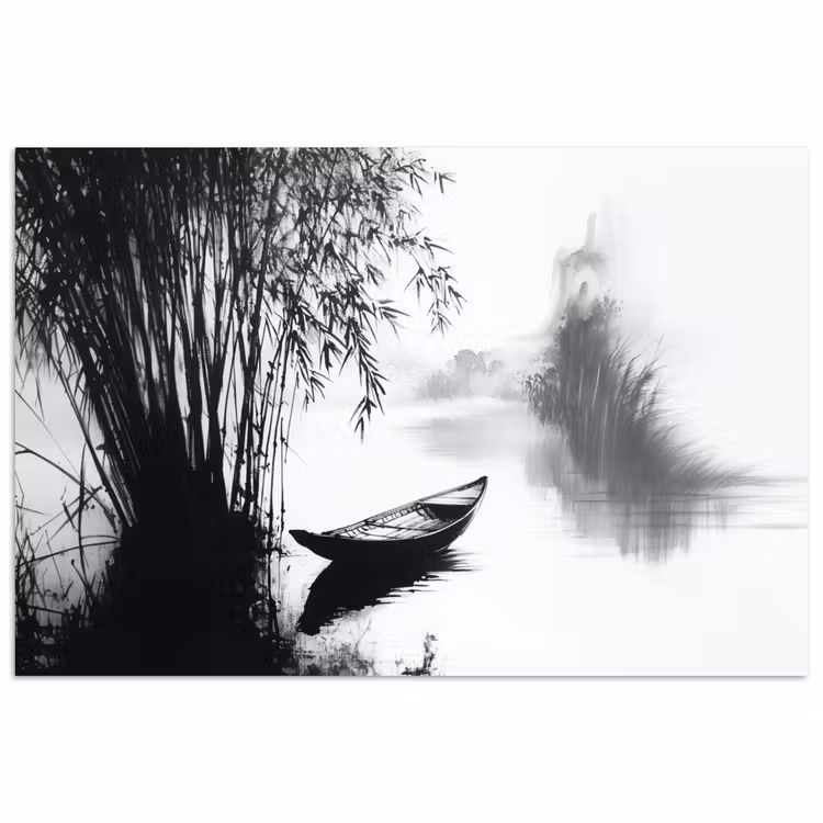 Boot - Rivier - Bamboe - Wit poster papier klein -3d