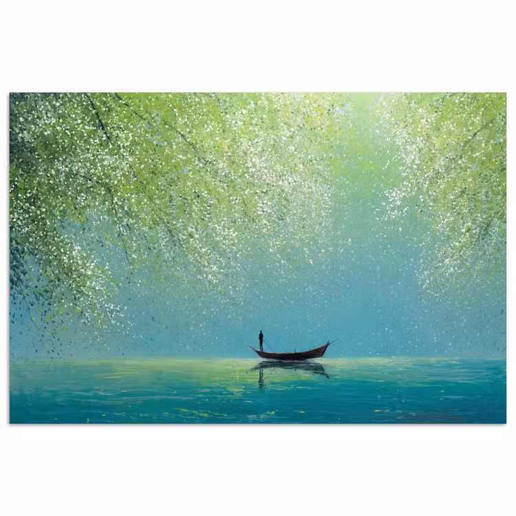 Bootje - Water - Bladeren - Bloesems poster papier klein -3d
