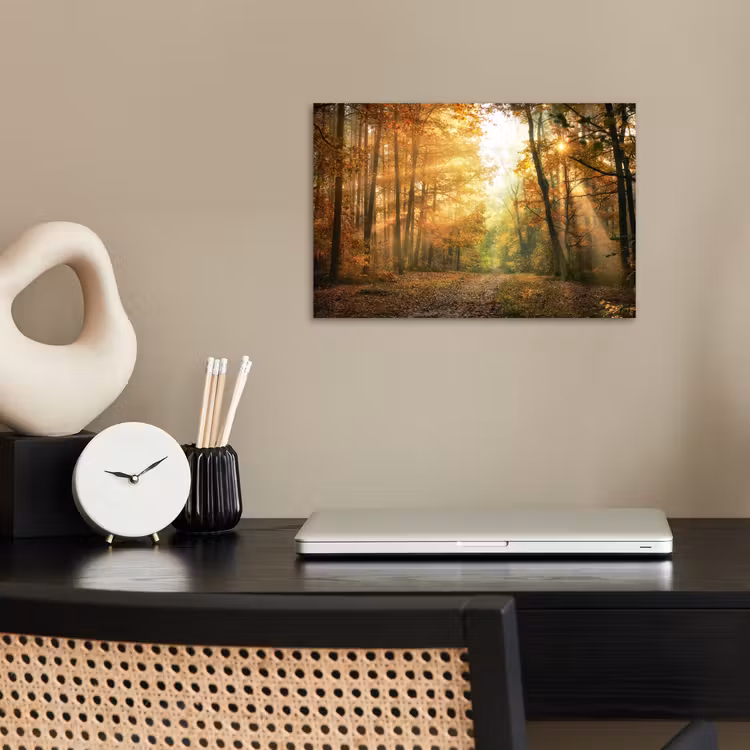 Bos - Herfst - Zon - Landschap - Natuur - Bomen - Bladeren poster papier klein -sfeer1