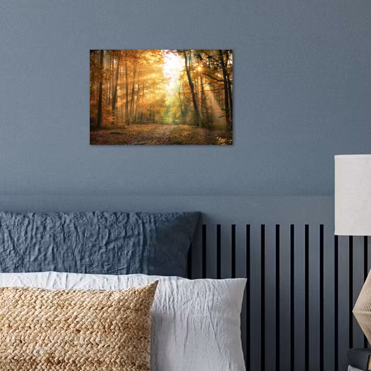 Bos - Herfst - Zon - Landschap - Natuur - Bomen - Bladeren poster papier klein -sfeer2