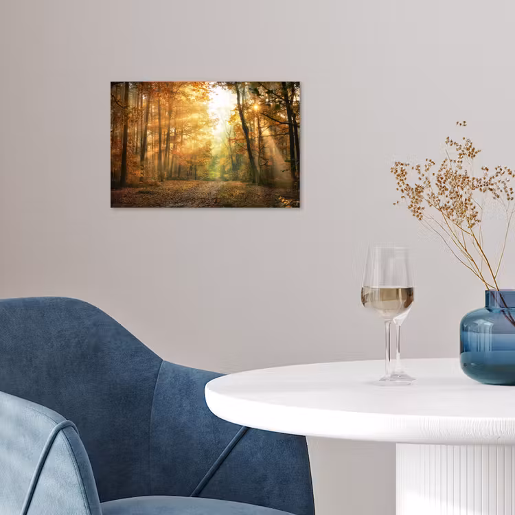 Bos - Herfst - Zon - Landschap - Natuur - Bomen - Bladeren poster papier klein -sfeer3
