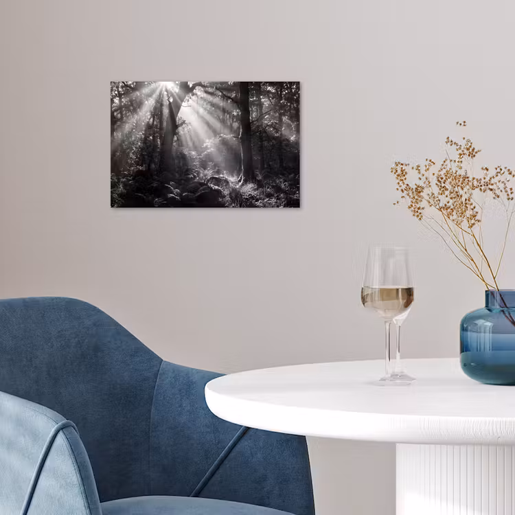 Bos - Lichtstralen - Natuur - Zwart-wit poster papier klein -sfeer3