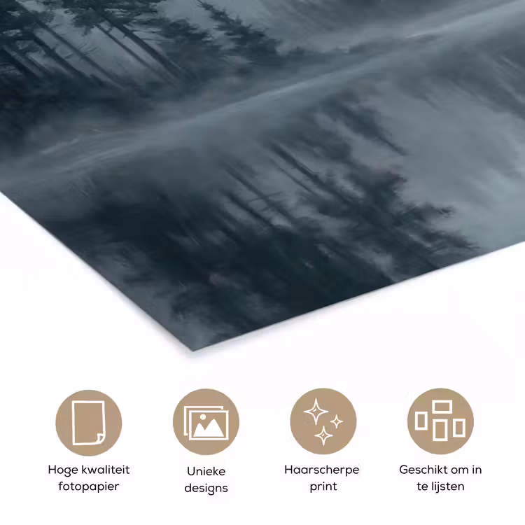 Bos - Meer - Mist - Natuur - Grijs poster papier klein -closeup_NL