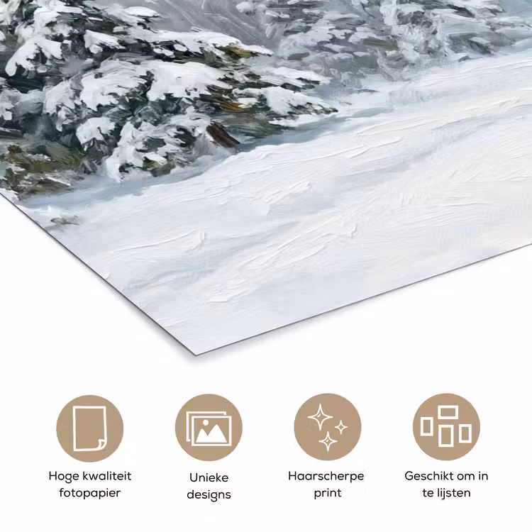 Bospad - Dennen - Sneeuw - Winter - Rustgevend poster papier klein -closeup_NL