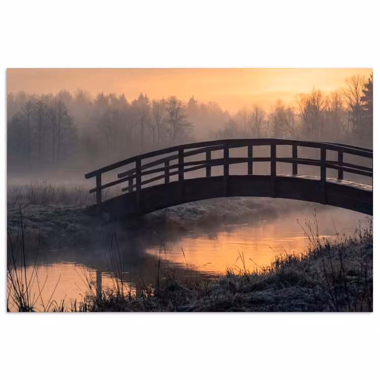 Brug - Mist - Bomen - Water poster papier klein -3d