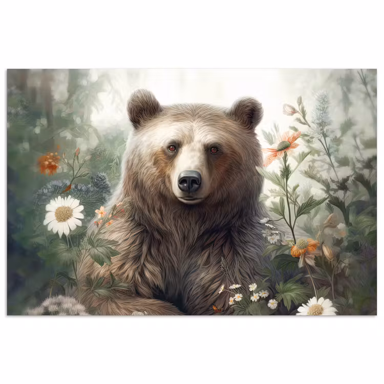 Bruine beer - Wilde dieren - Bloemen - Planten poster papier klein -3d