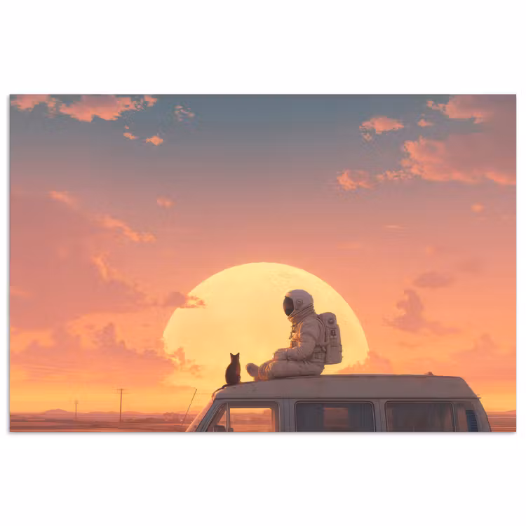Busje - Kat - Zonsondergang - Oranje poster papier klein -3d